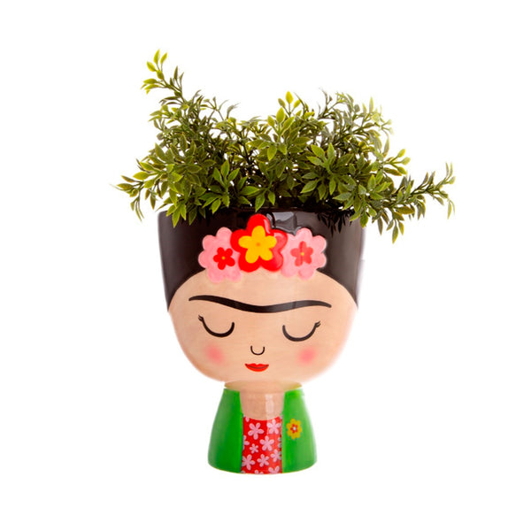 Macetero en forma de Frida Kahlo. Bonito y colorido jarrón que representa a la pintora mexicana Frida Kahlo. Jarrón Frida Kahlo con cabeza grande para poner una planta. El regalo perfecto para los amantes de la artista y las plantas.