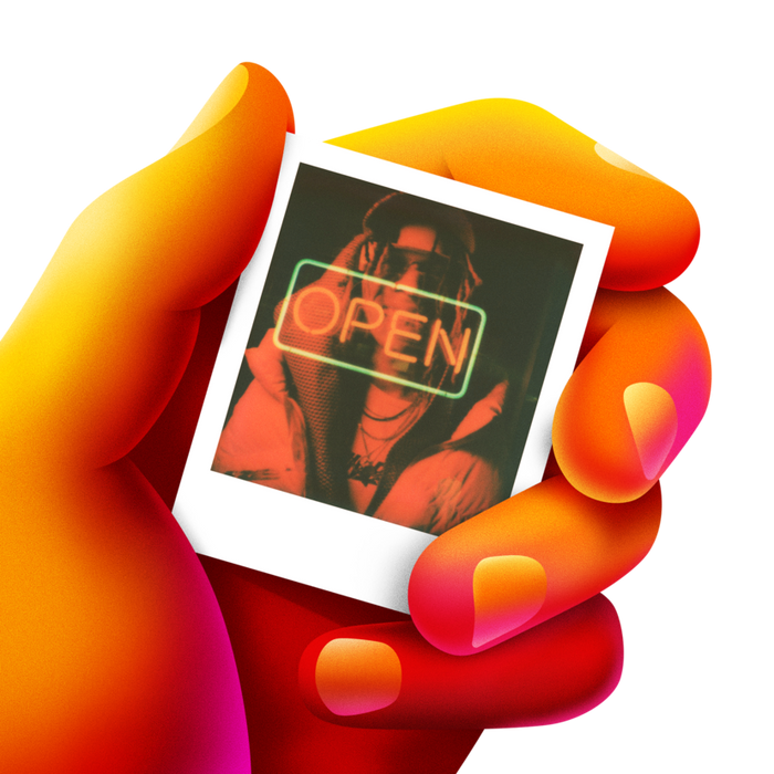Ilustracion de mano sujetando una fotografia polaroid go
