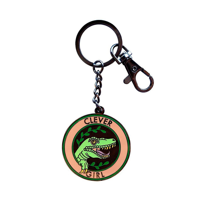 Llavero redondo de Jurassic Park. Llavero con la imagen de un velociraptor y el texto "clever girl".