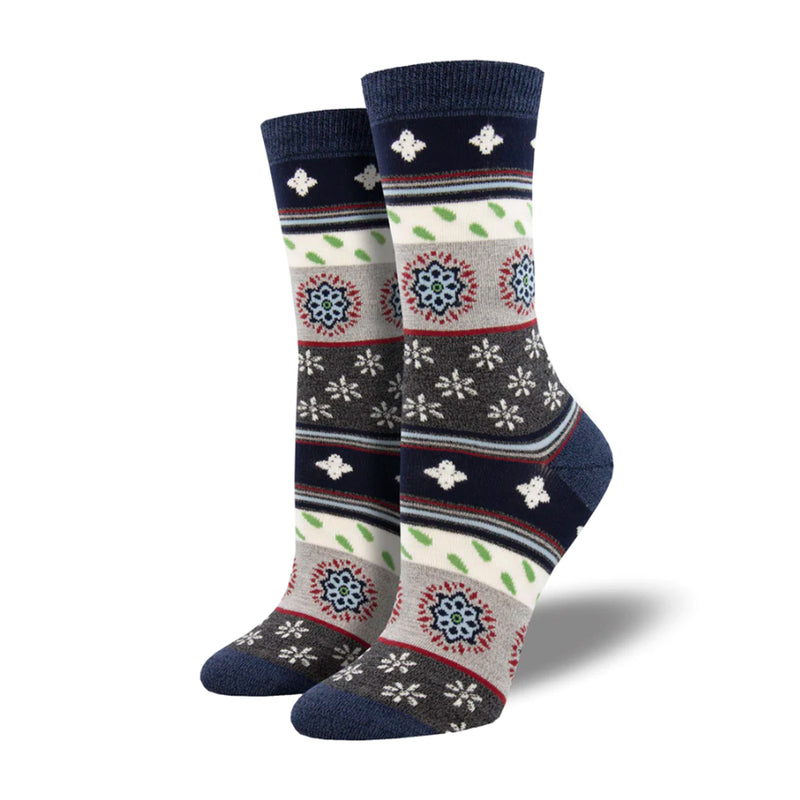 Calcetines de bambu estampados con motivos marroquies en tonos azules y grises.