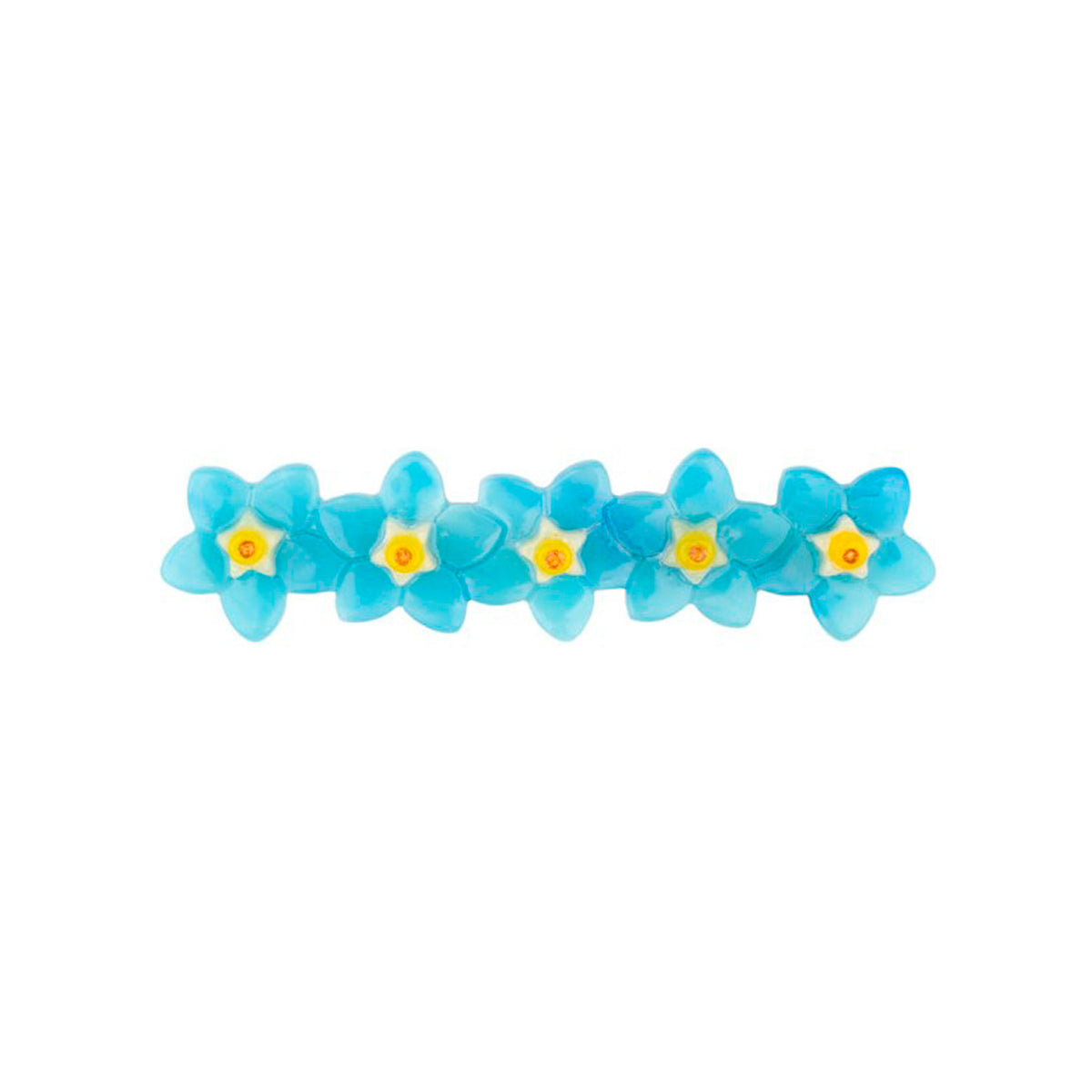 Pasador de pelo en forma de fila de flores nomeolvides azules con detalles en blanco y amarillo. Fabricado en acetato de celulosa reciclado.