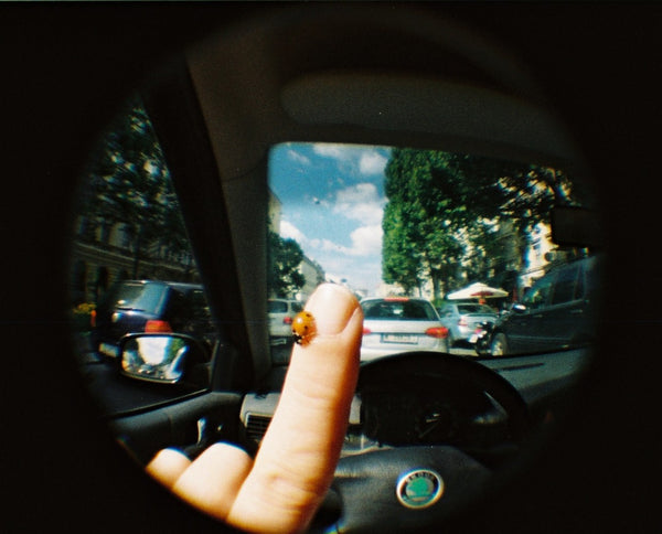 Fotografía de mariquita sobre dedo en interior de un vehículo tomada con la película fotográfica de formato 110  Lomography Color Tiger 200
