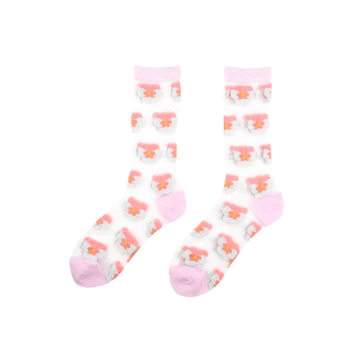 Calcetines de malla transparentes con dibujos de pensamientos rosa. Calcetines con estampado de pensamientos con el remate, el talón y la punta en rosa palo.