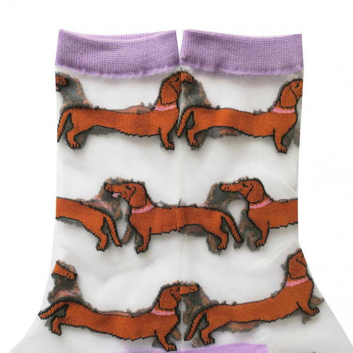 Originales calcetines de malla transparente con estampado de perros salchicha. Calcetines de algodón, poliéster y spandex con estampado de dachshunds. Ideales para amantes de los perros.