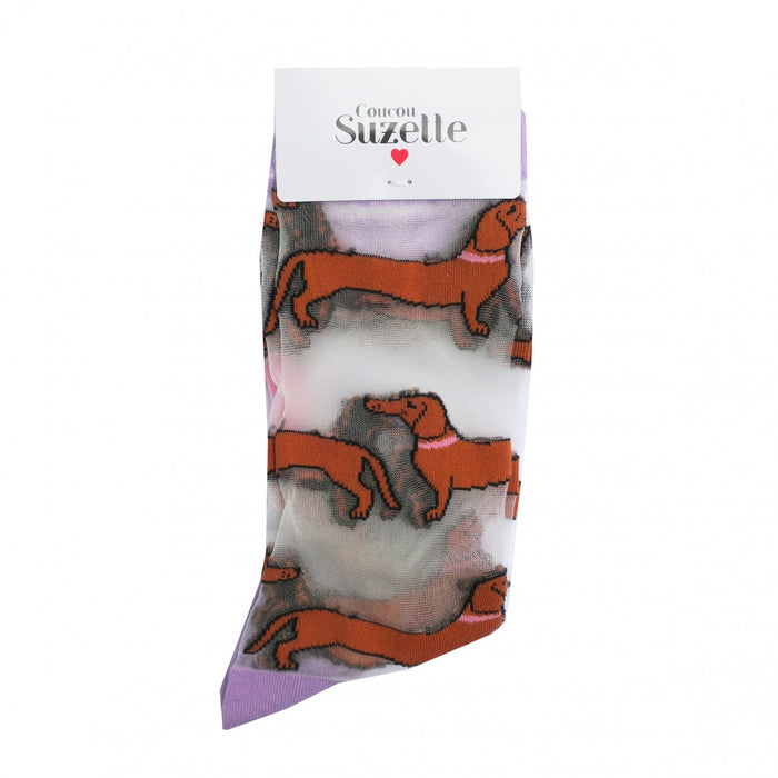 Originales calcetines de malla transparente con estampado de perros salchicha. Calcetines de algodón, poliéster y spandex con estampado de dachshunds. Ideales para amantes de los perros.