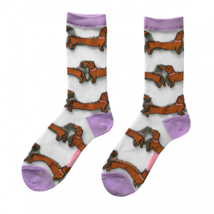 Originales calcetines de malla transparente con estampado de perros salchicha. Calcetines de algodón, poliéster y spandex con estampado de dachshunds. Ideales para amantes de los perros.