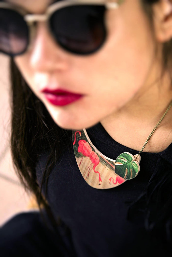 Collar de madera - Pink Flamingos