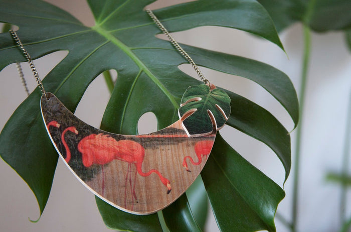 Collar de madera - Pink Flamingos