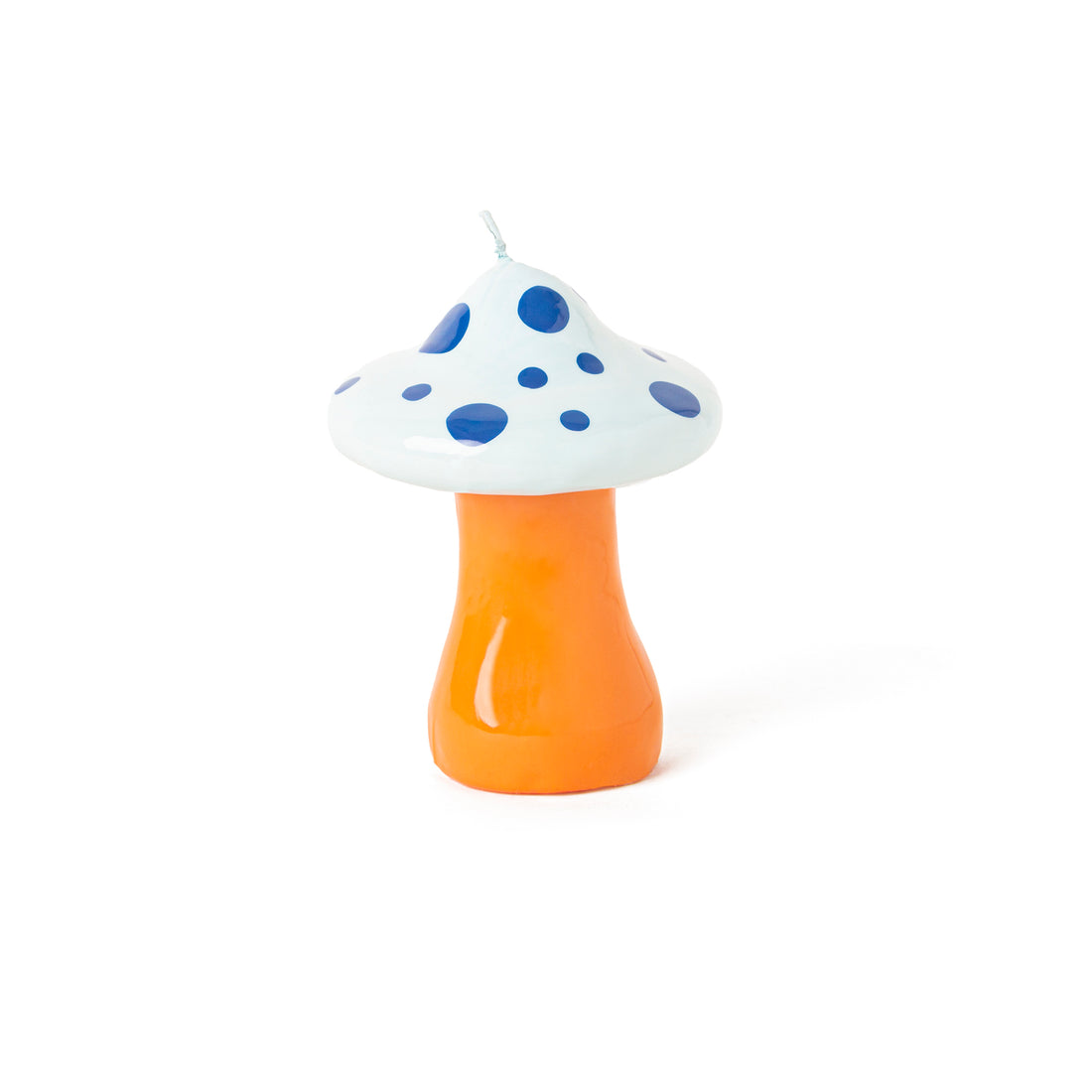 Vela decorativa en forma de seta con tallo amarillo y parte superior azul. Vela decorativa en forma de amanita muscaria en tonos azules y amarillos.